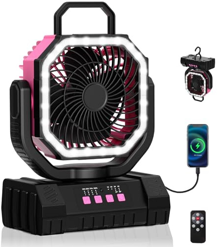 Biftrew 20000Mah Oscillating Camping Fan with LED Lanterns, 4-Speed Rechargeable Battery Operated Fan with Remote Control, Portable Outdoor Tent Fan with Hook for Camping RV Accessories