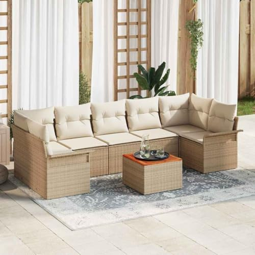 ahveenahh Modulares Gartensofa-Set 8-teilig, Beige/Creme Poly-Rattan & Akazie, mit Stauraum & Kissenbox, wetterfest für Balkon & Terrasse