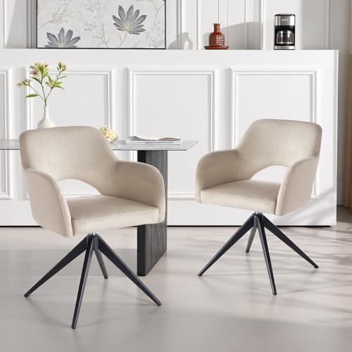 2er Set Drehbare Esszimmerstühle mit Armlehne, 360° Drehstuhl mit Auto Return Funktion,Samt Polsterstuhl Gepolstert,Küchenstuhl mit Metallbeinen Schwarz, für Küche & Wohnzimmer (Beige, 2er Set)