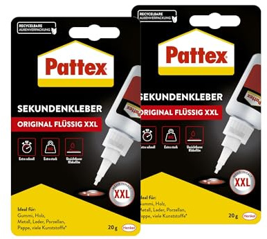 Pattex Sekundenkleber Original Flüssig, spülmaschinenfester Superkleber für viele Sofortreparaturen, schnelltrocknender farbloser Flüssigkleber, 2x20g