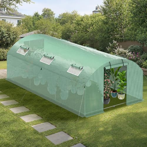 Peviasot 300x600x200 cm Foliengewächshaus Winterfest mit verstärktem Stahlgestell, 12 Fenster & 4 Türen, 2 x 140g/m² PE UV-beständig, Tomaten Gewächshaus mit 46 Erdankern und 6 Abspannseilen