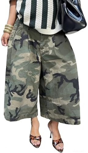 ORANDESIGNE Baggy Cargo Jeans Damen Camouflage Capri Jeans im Army-Stil mit Weitem Bein Camouflage Haremshose Plaid Caprihosen