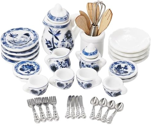 Grtheenumb Mini Tea Cups, Mini Tea Set, 1:12 Scale Miniature Set, Blue and White Ceramic Dollhouse Accessories with Teapot & Cups for Realistic Display