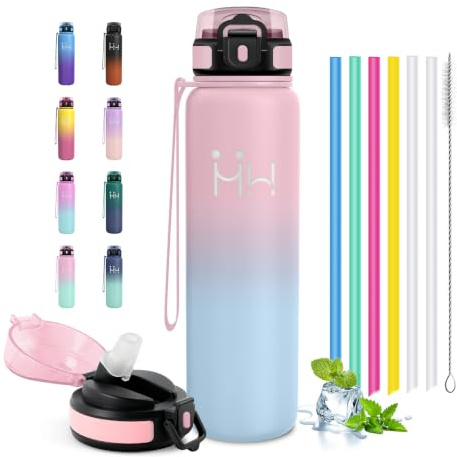 Borraccia Termica 1L, Bottiglia Termica Riutilizzabile, Borracce Acqua Doppia Parete con Cannuccia, Ideale per Sport di Squadra, Corsa, Trekking, Zona Campeggio
