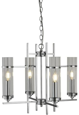 SEARCHLIGHT CHROME 4 LIGHT PENDANT - CLEAR GLASS CYLINDER SHADE