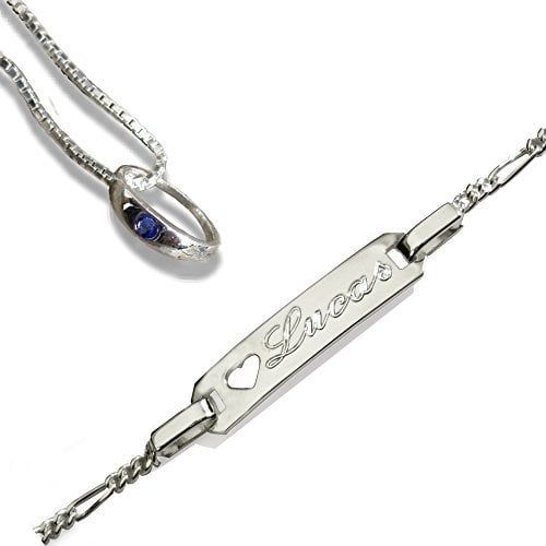 Taufset: Anhänger Taufring mit blauem Stein mit Venezianer-Kette+ Babyarmband mit Gravur 13-15cm: Figaro-Glieder - Gravurplatte mit ausgeschnittenem Herz. Beide Teile Sterling Silber 925 gestempelt