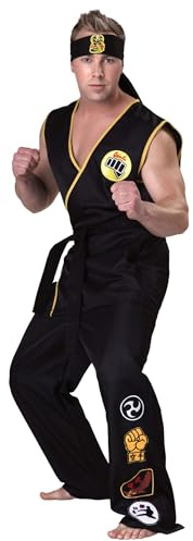 Adult Cobra Kai Costume Mens, Official Karate Kid Sleeveless Black Gi Uniform Halloween Outfit X-Small Bundle