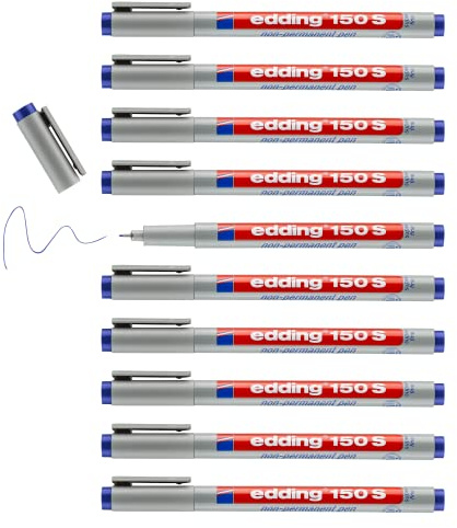 edding 150 S non-permanent pen - blue - 10 pens - round nib 0.3 mm - pen for writing on glass, plastic, foils and smooth surfaces - quick-drying, can be corrected with water