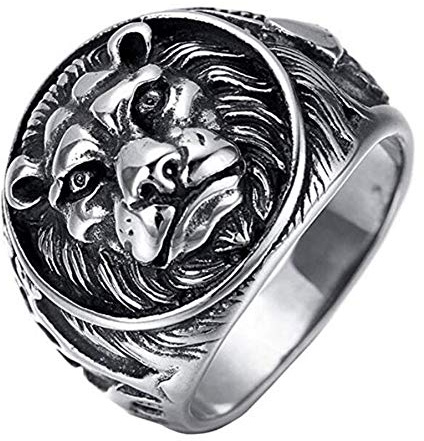 HIJONES Herren 316l Edelstahl Gothic Biker Löwe Siegelring Silber Schwarz Größe 57