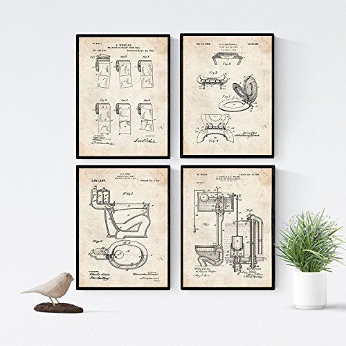 Nacnic - Pack 4 Láminas de Patentes Cuarto de Baño, Aseo | Set Pósters con Inventos y Planos de Objetos Antiguos | Cuadro con Dibujos de Cisterna, Inodoro, Vater, WC y Papel Higiénico