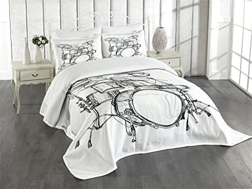 ABAKUHAUS Rockmusik Tagesdecke Set, Schlagzeuger-Gekritzel-Kunst, Set mit Kissenbezug Ohne verblassen, für Einzelbetten 170 x 220 cm, Schwarz weiß