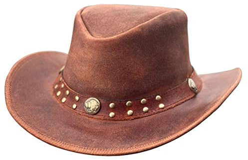 BRANDSLOCK Cowboy Hat für Herren und Frauen - Premium Leder Australischer Busch Hat - Leichter Western Hut - Formbarer Cowgirl Hut Mit Breiter Krempe - Party Kostüm Outfit für Reisen und Sonnenschutz
