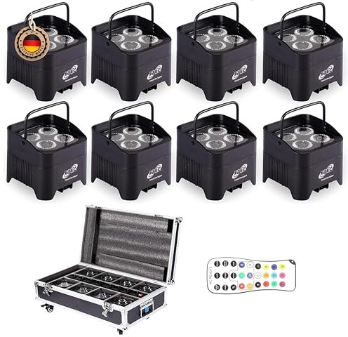 ETEC Professional 8x Akku LED Par Scheinwerfer E412 Wireless DMX Set mit Flightcase und Ladevorrichtung - Uplighting, Disco, Party, Club, DJ Dekoration, Funk Wifi für Event und Bühne