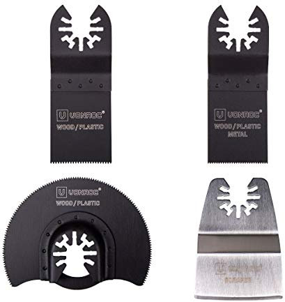 VONROC Lot de 4 Accessoires pour Outil Multifonction VONROC – Lames de Scie HCS & BIM + Couteau à Gratter – Prise Universelle – Compatible Bosch, Makita, Dremel, Parkside