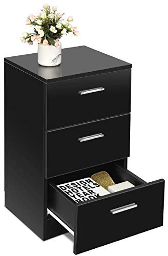 COSTWAY Commode Chambre en Bois avec 3 Tiroirs, Caisson de Bureau avec Tiroir, Table de Chevet pour Lit de H60CM, 35x38x67CM(Noir)