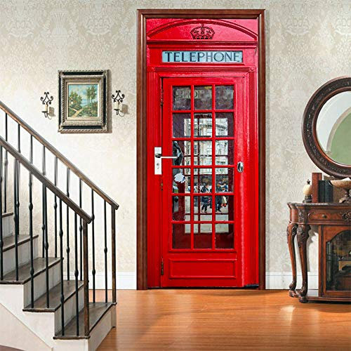 OIODI® 3D Türaufkleber selbstklebend Rote Telefonzelle 80x200cm Türtapete Wandbild Selbstklebend Art Decals urwald Haus Dekoration Türfolie TürPoster Fototapete PVC Wasserdicht Abnehmbar zimmer