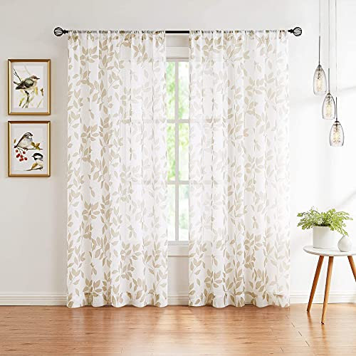 Vorhänge mit Leinenstruktur und Blätterdruck, 241.3 cm lang, Privatsphäre, Amerika, transparent, für Wohnzimmer, Balkon, botanisches Blumenmuster, halbtransparent, für Schlafzimmer, Hotel, 2 Stück