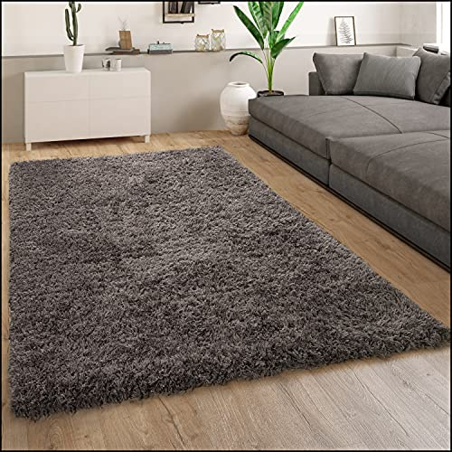 Paco Home Hochflor Teppich Wohnzimmer Flauschig Schlafzimmer Shaggy Modern Weich Einfarbiges Muster, Grösse:120x160 cm, Farbe:Anthrazit