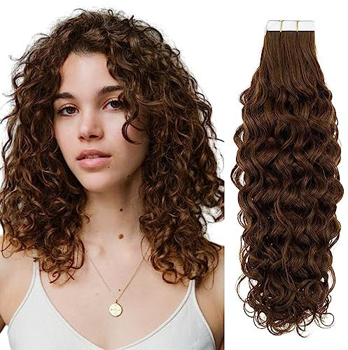 RUNATURE Tape Extensions Echthaar Curly Braun Echte Haare 40cm Extensions Locken Echthaar Tape Braun Haarverlängerung Echthaar 20 Stück 50g Tape Extensions Echthaar Locken #4NW