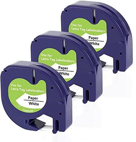 UNOKA Compatible for Dymo LetraTag Tape White Paper 12mm x 4m Refills 91200 S0721510 Labelling Tape Black on White for Dymo LetraTag LT-100H LT-100T QX50 XR XM 2000 200B, 3-Pack