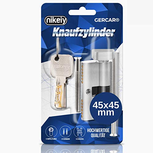 GERCAR Pro Knaufzylinder 45/45 Massiver Schließzylinder mit Knauf Zylinderschloss Türschloss - aus Messing Matt Vernickelt - inkl. 5 Schlüssel - Wendeschlüssel - Länge: 90 mm, A:45 B:45-1x
