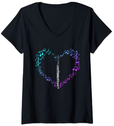 Damen Herz Noten Notenschlüssel Querflöte T-Shirt mit V-Ausschnitt