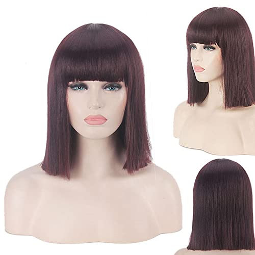 BoBo head blue green gray rice white black red pink Qi bangs anime cos nightclub female shoulder-length straight short wig color:714-6 wine red