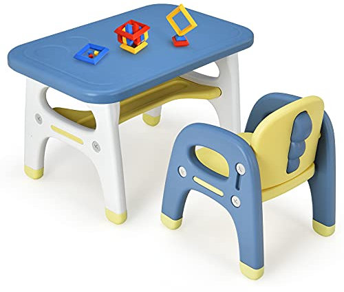 DREAMADE Kindertisch mit Stuhl in Dinosaurierform, Kindersitzgruppe mit Bausteinen, Kindermöbel zum Lernen & Essen & Spielen, Kinder Tischset für Kinder 1-5 Jahre (Blau)