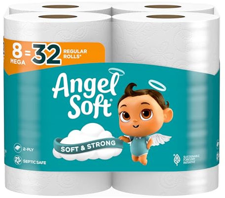 Angel Soft Toilet Paper, 8 Mega Rolls = 32 Regular Rolls, Soft and Strong Toilet Tissue