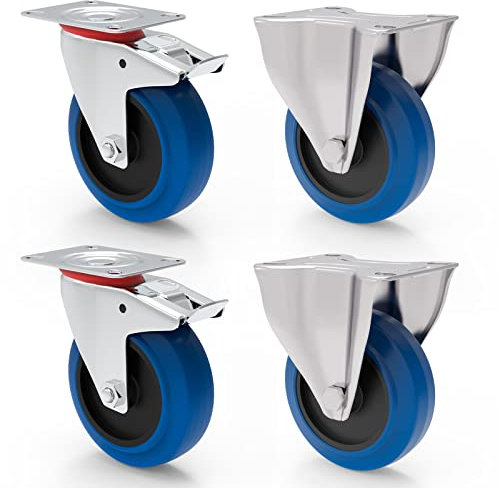 Transportrollen mit Bremse 100mm Möbelrollen Schwerlast - Bockrollen Set Gummi Rollen Blue Wheels Lenkrollen für Rollbrett Werkstatt schwere Möbel Palettenmöbel Rollwagen Räucherschrank Werkzeugwagen