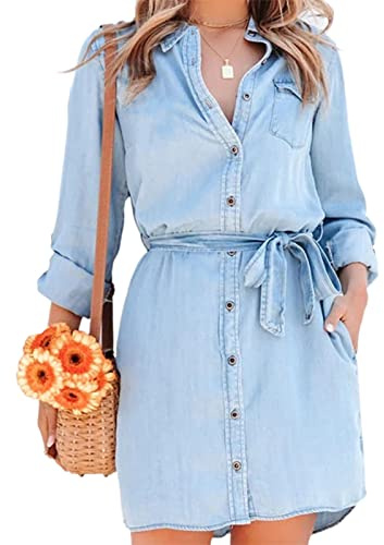 FeMereina Women's Long Sleeve Blouse Jean Dress Denim Shirt Dresses Button Down Chambray Waist Ties Tunic Mini Dress with Pockets