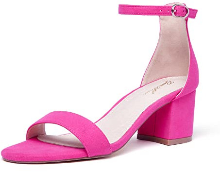 GENSHUO Sandales à Talon Bloc pour Femmes Talons Hauts Élégants à Lanières de Cheville Sandales Rondes en Daim à Bout Ouvert pour Mariage Soirée Rose 40EU