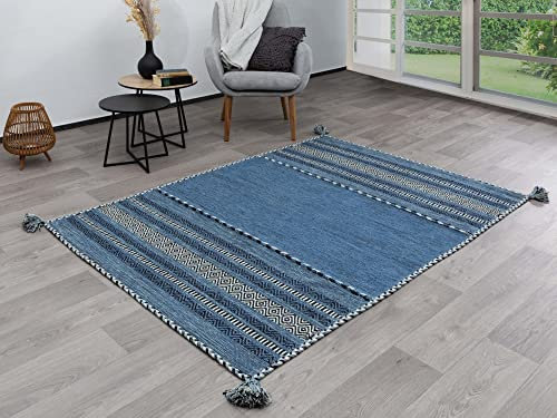 Steffensmeier Handwebteppich Muriani | Baumwolle | Wohnzimmer | Blau, handgewebt, Größe: 80x150 cm