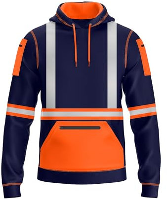 NOROZE Mens Hi Vis Hoodie with Reflective Tape, Pullover High Vis Hoodie for Safety Workwear– 4 Utility Zipped Pockets, Work Hoodies for Men, High Visibility Hooded (L, Style 3: Neon orange/Navy)