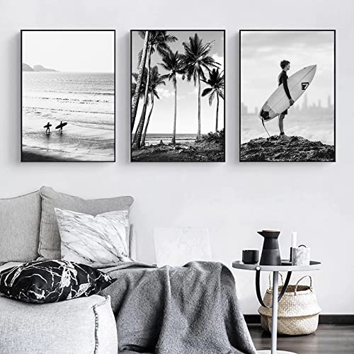 Trayosin 3-teiliges Premium Poster Set,Schwarz-Weiß Leinwand Bilder,Moderne Wandbilder für Wohnzimmer Schlafzimmer Wanddeko Art Geschenk,Strand, Surfen, Wandposter ohne Rahmen (30x40cm)