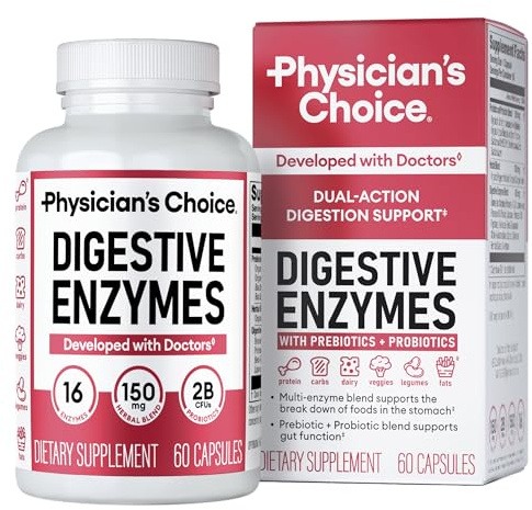 Physician's CHOICE Digestive Enzymes for Bloating & Digestion - Fast-Acting 16 Enzyme Formula with Organic Prebiotics & Probiotics for Gut & Digestive Health - Meal Time Discomfort Relief - 60 CT