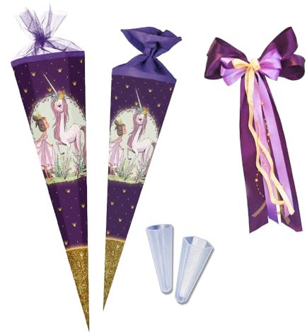 Nestler Schultüten-Set zum Befüllen, Handgemachte Zuckertüte aus Karton - Motiv Einhorn Prinzessin, Schultüte, Spitzenschutz, Schleife (85 cm 6-eckig)