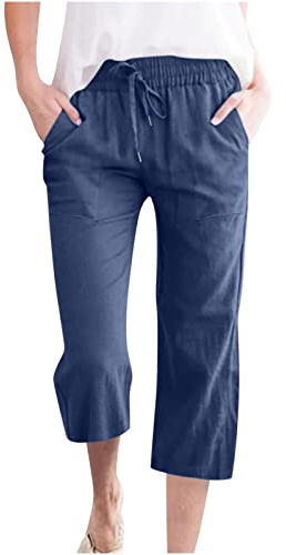 oglccg Womens Capris Trousers 3/4 Pants Cotton Linen Elastic High Waist Cropped Pants Drawstring Summer Autumn Solid Color Pockets Loose Pants Straight Wide Leg Trousers Outdoor Plus Size 8-18 Blue
