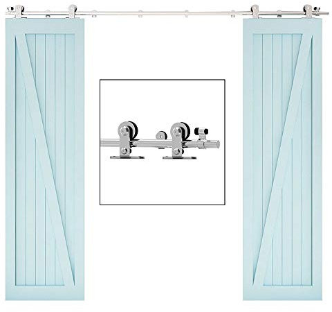 TSMST 152cm Edelstahl Schiebetürsystem Komplett Set für Schiebetüren Schwarz Schienen Kit Passend für Doppeltür aus Holz,(T-Form-Aufhänger)