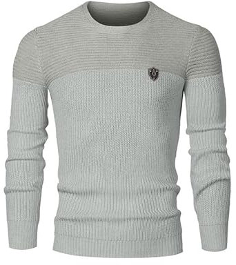 Elegancity Herren Pullover Grau Rundhalsausschnitt Winter Strickpullover Slim Fit Feinstrick Pulli Warm Sweater L