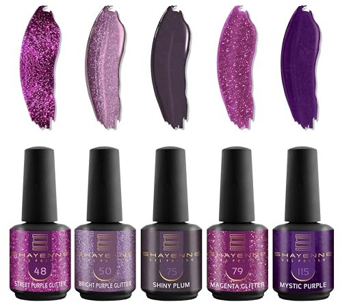 SHAYENNE UV Gel Nagellack 5 Lila Violett Glitzer Töne je 15 ml für UV LED Lampe | MADE in GERMANY Gesamt 75 ml | Gel Nail Polish for Lamp | Nagel Lack Gellack Nagelgel Variant 7