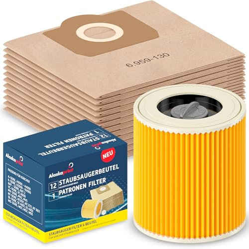 Alaskaprint 12 bolsas de aspiradora + 1 filtro adecuado para aspiradoras Kärcher WD3 y MV3, repuesto para filtros de cartucho 6.414-552.0 y bolsas de filtro 6.959-130.0