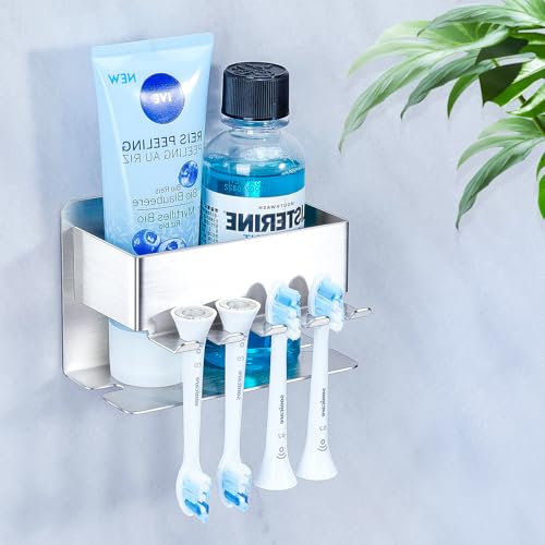 GGQ Zahnbürstenhalter Wand Ohne Bohren, Zahnbürsten Halterung Edelstahl Aufsteckbürsten Halter, Halterung Elektrische Zahnbürste, Selbstklebend Zahnpasta Zahnbürstenkopf Halter, Zahnbürsten Organizer