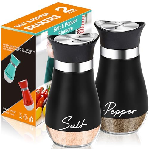 powglass Salt and Pepper Shaker Set - 120 ml Glass Base Salt Shaker Small with Stainless Steel Lid, Pepper Shaker Spice Shaker for Kitchen Cooking Table, Motorhome, Camp, BBQ Refillable Design (Black)
