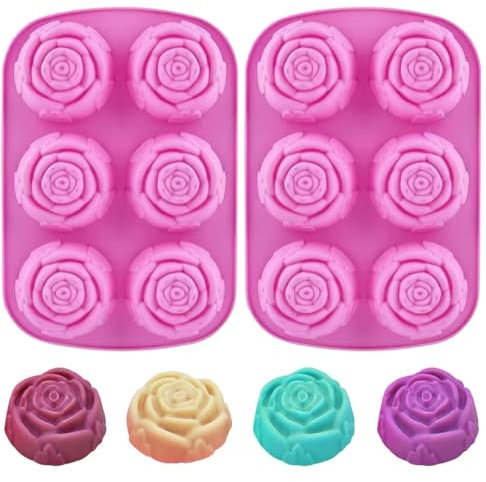 Rose Soap Moulds, 2PCS 6-Cavity Silicone Handmade Flower Ice Cube Molds, Cake Mold DIY 3D Ice Trays for Valentine's Day, Mousse, Muffin, Chocolate, Jelly, Resin, Candle Making
