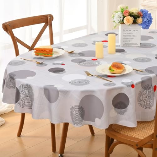 Alishomtll Grau Oval Modern Style Tischdecke, Modern Kreise Kringel Tischtuch, Outdoor Wasserdicht Abwaschbar Tischdecken, Küche Wohnzimmer Polyester Tischwäsche, Picknick Party Dekor 140x180cm