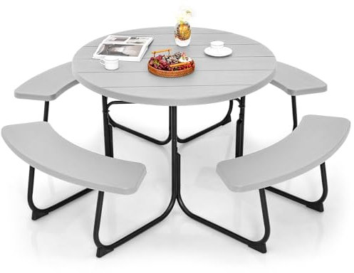 GOPLUS Table de Pique-Nique avec 4 Bancs Intégrés pour 4 à 8 Personnes, Table Jadin Exterieur en HDPE avec Trou pour Parasol,Ronde en Plein Air, Cadre en Métal,Charge 225KG+135KG(Gris)