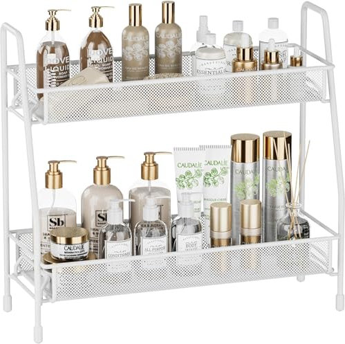 Porta Spezie Organizer Scaffale per Cucina - 2 Livelli Portaspezie in Metallo Salvaspazio Mensola Supporto Mobile Stoccaggio per la Cura Della Pelle in Supporto per Bagno Cucina Ufficio, Bianco