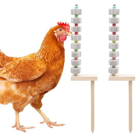Dnoifne 2er-Pack Hühner-Kauspielzeug, Kalkstein zum Schnabelreiben mit Holzpflock, Zubehör für Hühnerkäfig, Käfigspielzeug für Wellensittiche, Sittiche, Papageien, Ratten, Hamster, Kaninchen