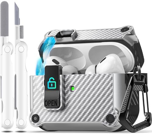 R-fun kompatibel mit AirPods Pro 2 Hülle (Auto Pop-Up-Deckel) mit Reinigungsset, kompatibel mit Airpods Pro 2./1. Gen(2023/2022/2019), für Airpods Pro Hülle (USB-C/Lightning-Kabel),Kohlefaser-Silber